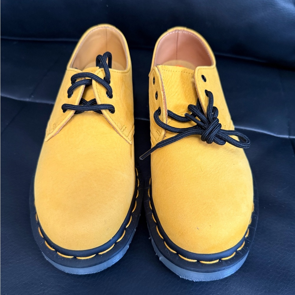 Dr. Martens Yellow Suede Lace-Up Low Boots with Black Laces